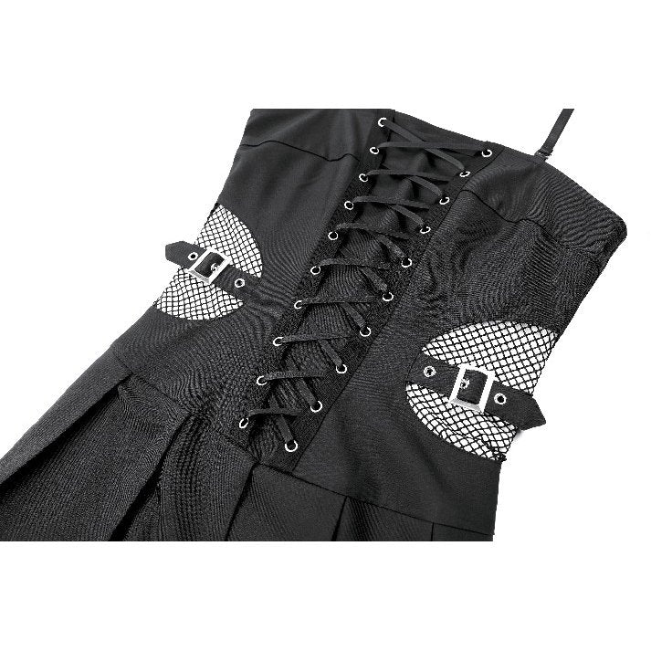 Schwarzes, kurzes Kleid Void Shackle Dress mit seitlichen Netzeinsätzen und Schnallendetails von Dark In Love