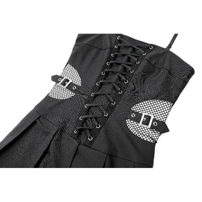Schwarzes, kurzes Kleid Void Shackle Dress mit seitlichen Netzeinsätzen und Schnallendetails von Dark In Love