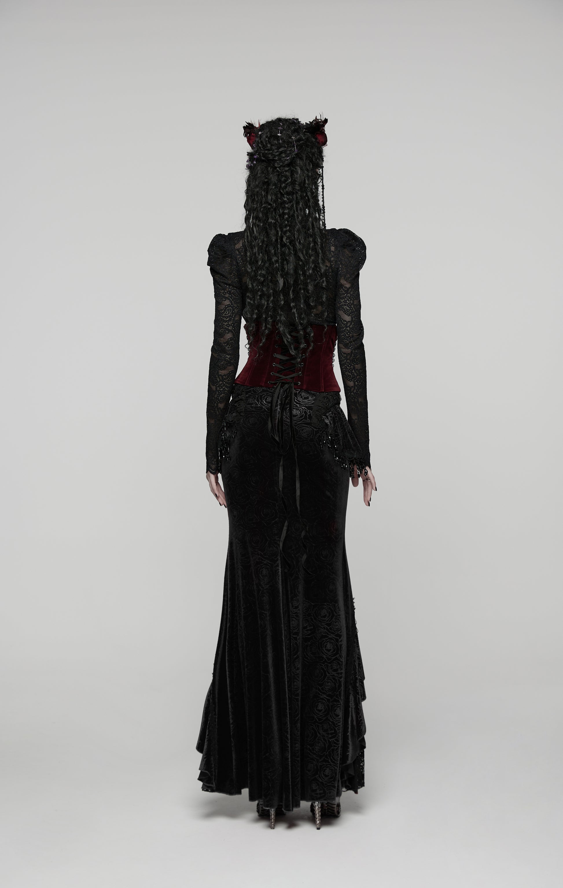 Taillengürtel im Korsettstil ROSE ROUGE WAIST CORSET aus rotem Samtstoff von Punk Rave