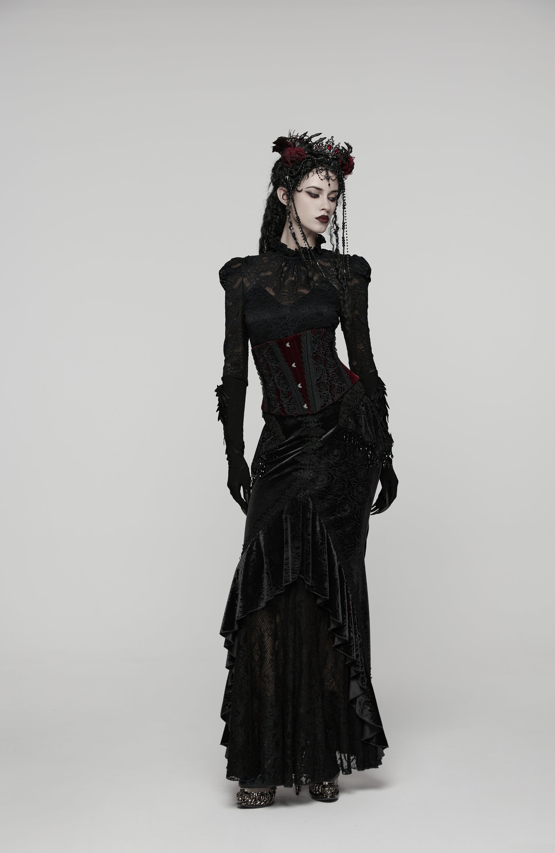 Taillengürtel im Korsettstil ROSE ROUGE WAIST CORSET aus rotem Samtstoff von Punk Rave