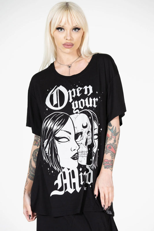 Schwarzes, lockeres INSIDE YOUR MIND RELAXED TOP mit Mädchen- und Totenkopfprint von Killstar