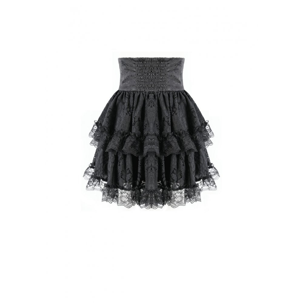 Schwarzer Mini-Rock Dark Crown Nocturne Skirt mit barocker Spitzenapplikation und Rüschen von Dark In Love