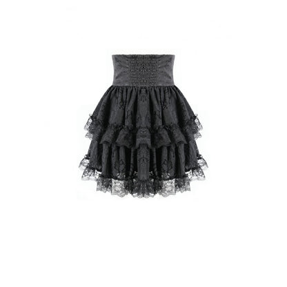 Schwarzer Mini-Rock Dark Crown Nocturne Skirt mit barocker Spitzenapplikation und Rüschen von Dark In Love