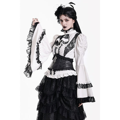 Weiße Bluse Chiaroscuro Symphony Blouse mit schwarzen Spitzendetails und Glockenärmeln von Dark In Love