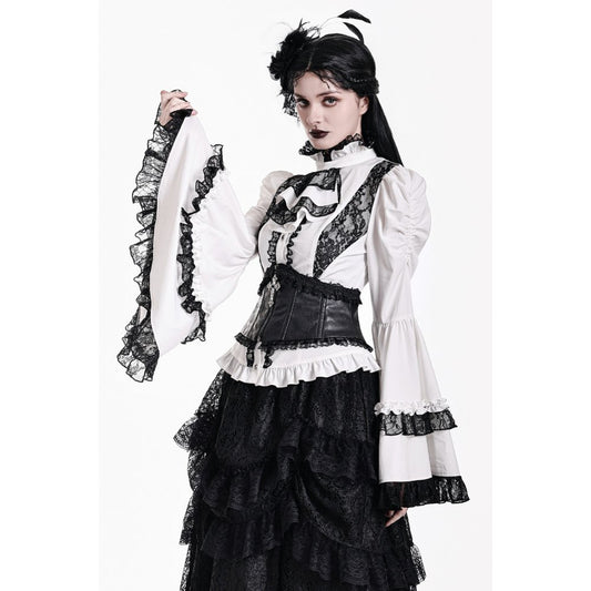 Weiße Bluse Chiaroscuro Symphony Blouse mit schwarzen Spitzendetails und Glockenärmeln von Dark In Love