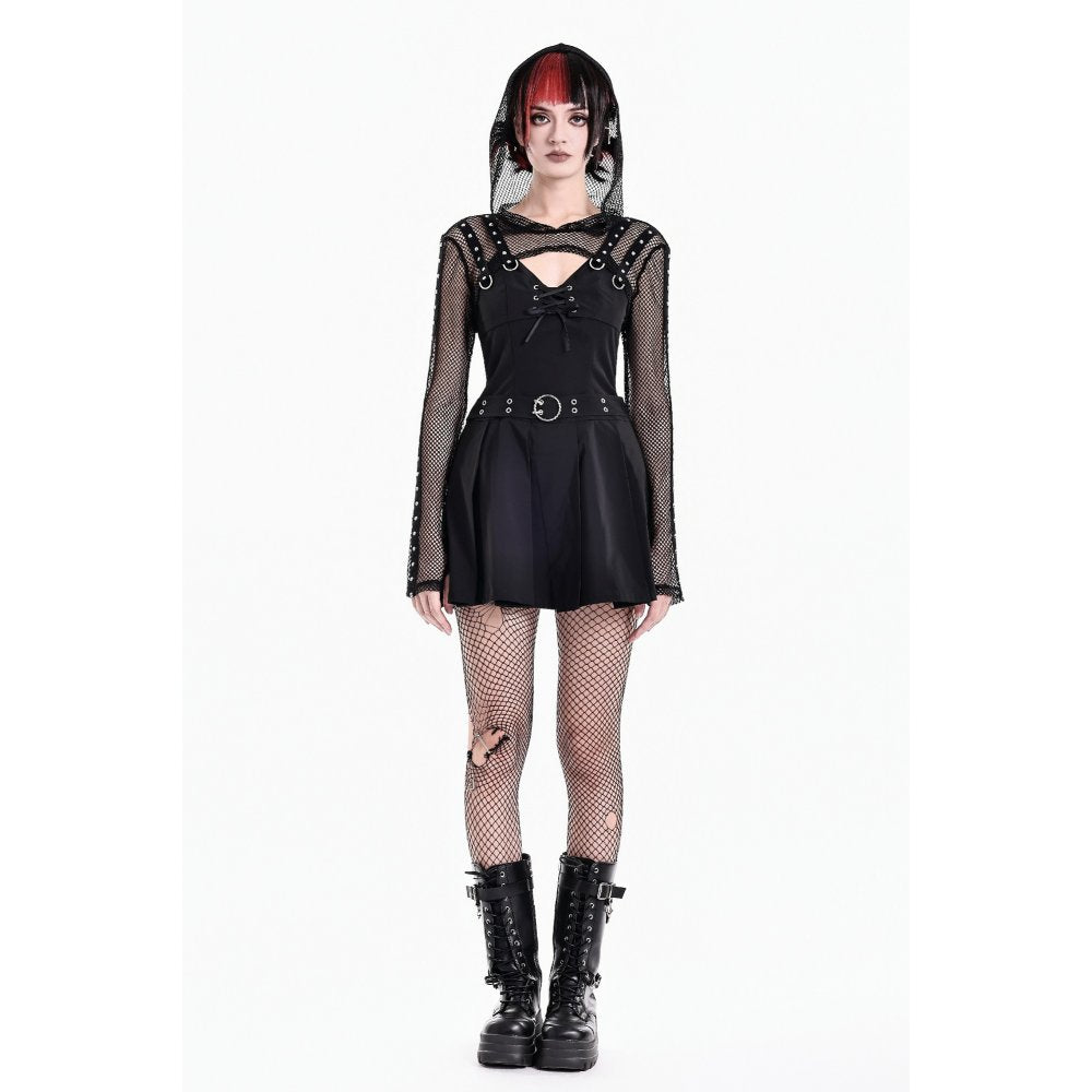 Schwarzes Oberteil Fishnet Spike Bolero aus Netzstoff mit Nietendetails und Netzkapuze von Dark In Love
