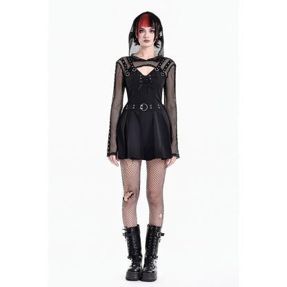 Schwarzes Oberteil Fishnet Spike Bolero aus Netzstoff mit Nietendetails und Netzkapuze von Dark In Love