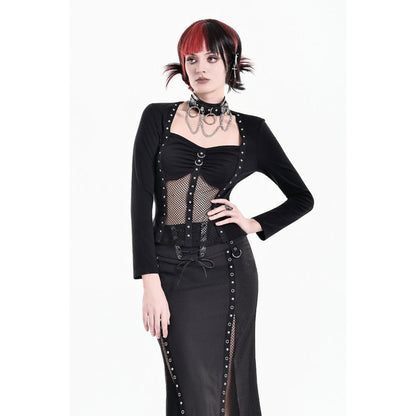 Schwarzes, langärmliges Oberteil Riveted Grid Top mit Nietendetails und Netzeinsätzen von Dark In Love