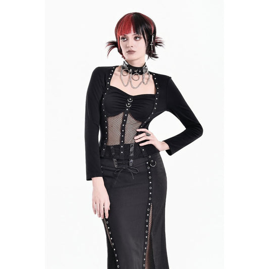 Schwarzes, langärmliges Oberteil Riveted Grid Top mit Nietendetails und Netzeinsätzen von Dark In Love