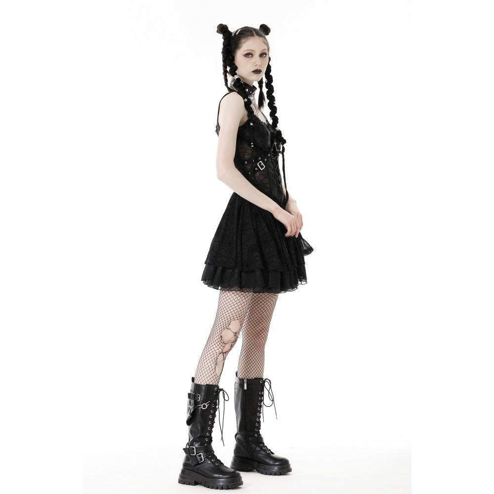 Schwarzes kurzes Trägerkeid, Punk Spider Mesh Dress im Punk-Stil mit transparenter Spinnennetz-Optik von Dark In Love