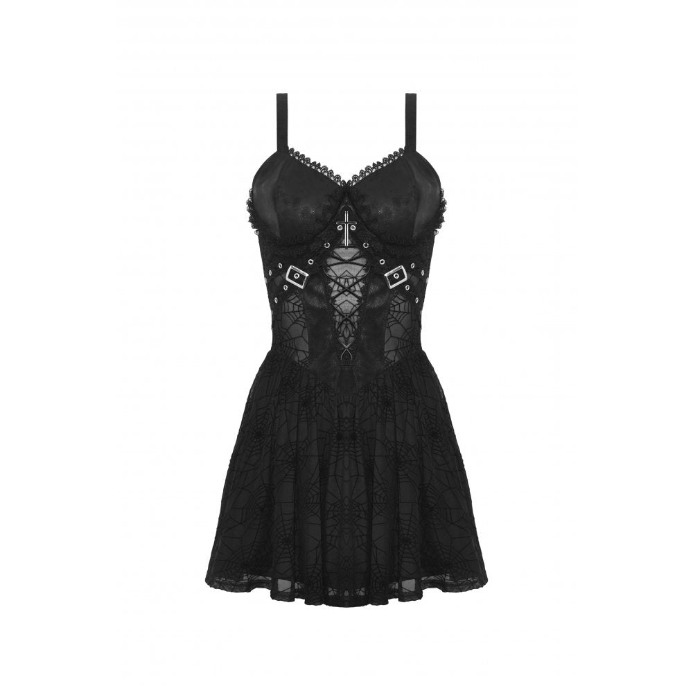 Schwarzes kurzes Trägerkeid, Punk Spider Mesh Dress im Punk-Stil mit transparenter Spinnennetz-Optik von Dark In Love