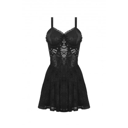 Schwarzes kurzes Trägerkeid, Punk Spider Mesh Dress im Punk-Stil mit transparenter Spinnennetz-Optik von Dark In Love