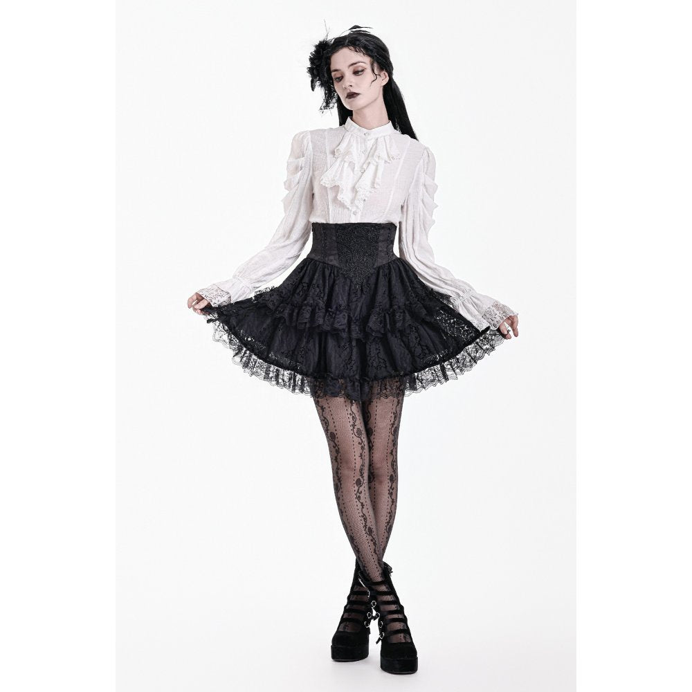 Schwarzer Mini-Rock Dark Crown Nocturne Skirt mit barocker Spitzenapplikation und Rüschen von Dark In Love