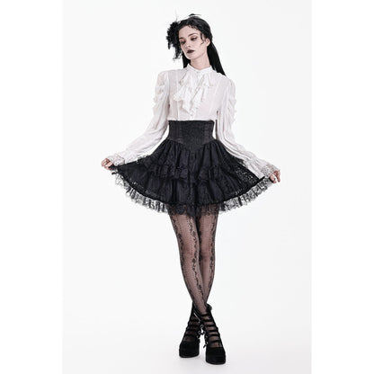 Schwarzer Mini-Rock Dark Crown Nocturne Skirt mit barocker Spitzenapplikation und Rüschen von Dark In Love