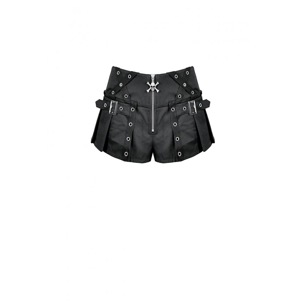 Schwarze Hotpants Cranial Rebellion Shorts mit Überrock und Schnallendetails von Dark In Love