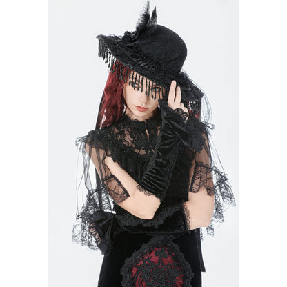 Schwarzer, kleiner Hut Vintage Lace Feather Mini Hat mit Spitzen-, Perlen und Blumendetails von Dark In Love