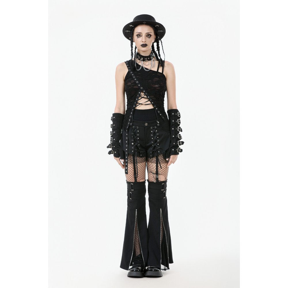 Schwarzes Oberteil Asymmetrical Ripped Punk Cut-Out Top mit Rissen, Trägern und Schnürung von Dark In Love