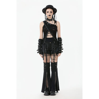 Schwarzes Oberteil Asymmetrical Ripped Punk Cut-Out Top mit Rissen, Trägern und Schnürung von Dark In Love