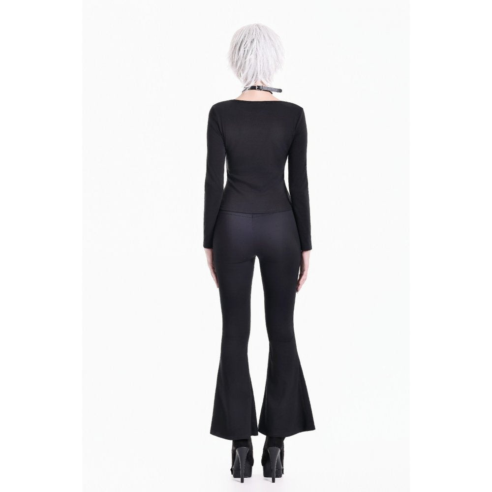 Schwarzes, langärmliges Oberteil Steel-Bonded Tendril Top mit Schnürungen vorne und Kunstlederdetails von Dark In Love