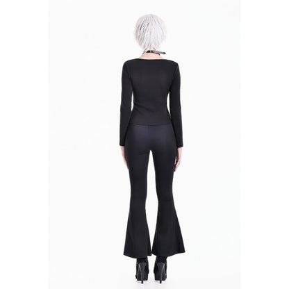 Schwarzes, langärmliges Oberteil Steel-Bonded Tendril Top mit Schnürungen vorne und Kunstlederdetails von Dark In Love