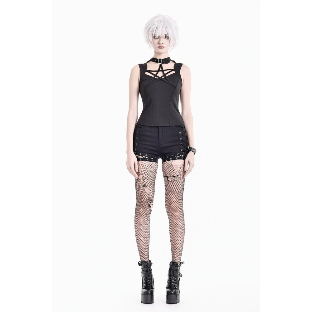 Schwarzes, enges Oberteil Occult Star Top mit Pentagrammschnürung und Chokerdetail von Dark In Love