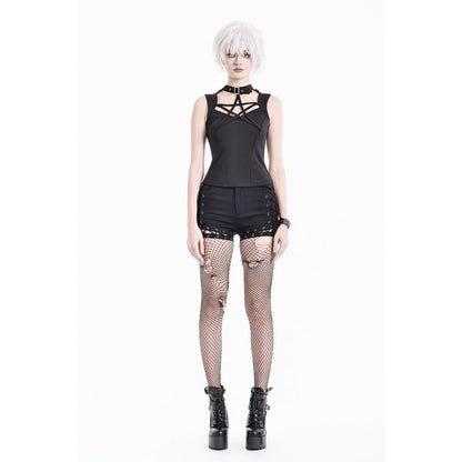 Schwarzes, enges Oberteil Occult Star Top mit Pentagrammschnürung und Chokerdetail von Dark In Love