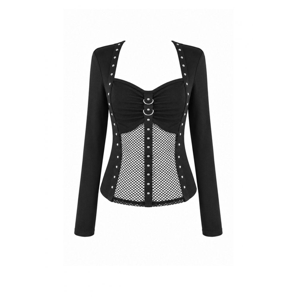 Schwarzes, langärmliges Oberteil Riveted Grid Top mit Nietendetails und Netzeinsätzen von Dark In Love