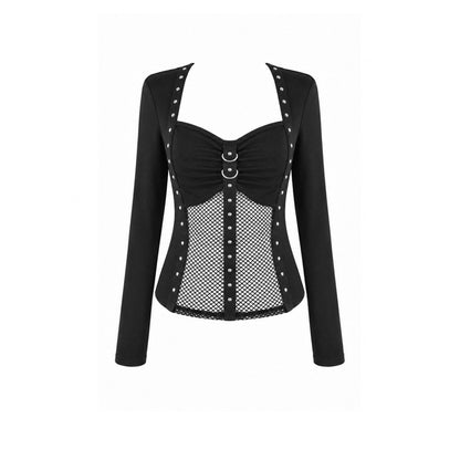 Schwarzes, langärmliges Oberteil Riveted Grid Top mit Nietendetails und Netzeinsätzen von Dark In Love