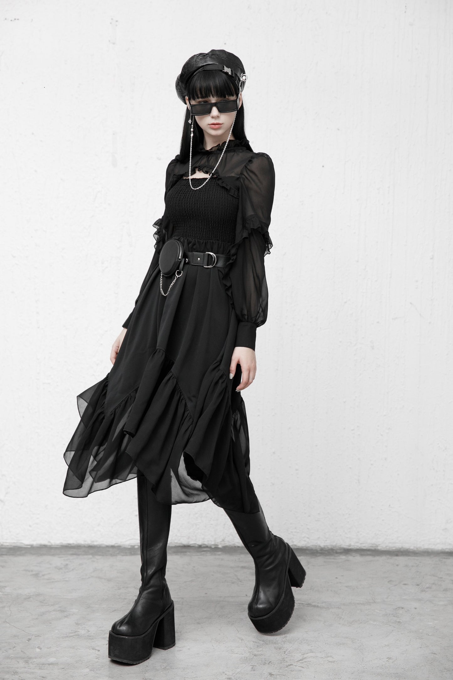 Schwarzes, langärmliges Chiffon-Kleid AURA NOIR DRESS von Punk Rave