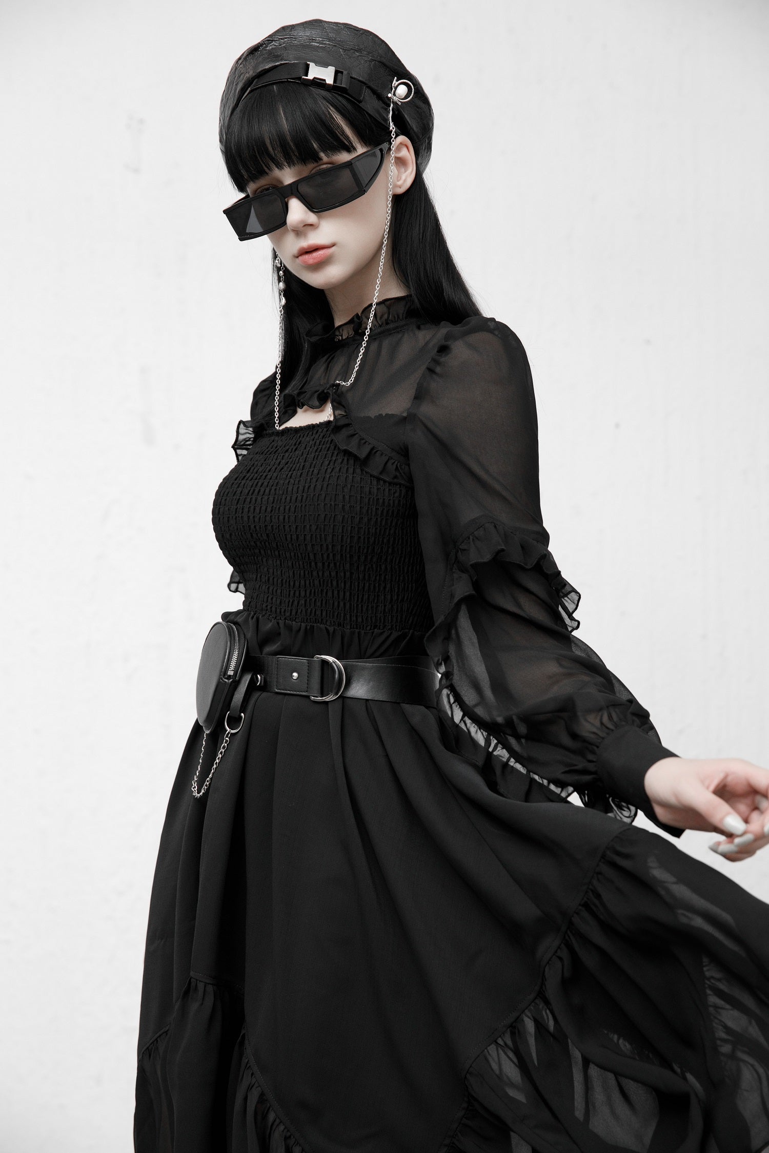 Schwarzes, langärmliges Chiffon-Kleid AURA NOIR DRESS von Punk Rave