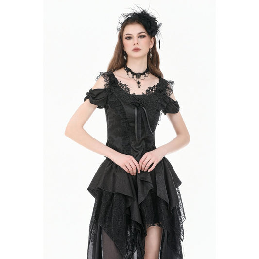 Schwarzes Oberteil Gothic Court-Style Top mit Spitzenbesatz und Rosendetails von Dark In Love