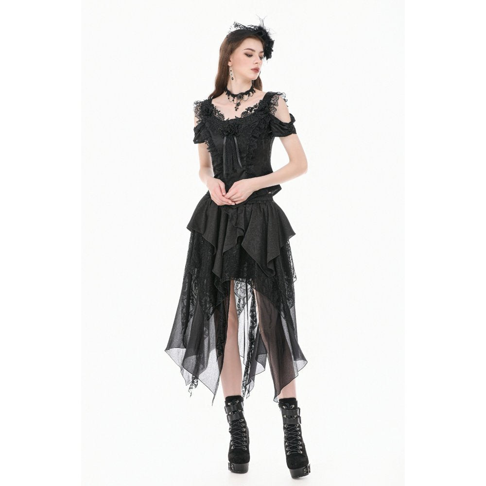 Schwarzes Oberteil Gothic Court-Style Top mit Spitzenbesatz und Rosendetails von Dark In Love
