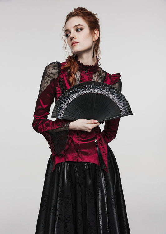 Faltbarer Handfächer ENCHANTED LACE FOLDING FAN aus Stoffblättern in Spitzenoptik und Rankenprint von Punk Rave