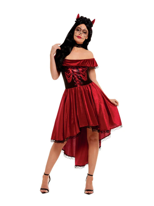 Rotes Kostüm Day Of The Dead Devil Costume, enthält Kleid, Choker und Haarreif mit Hörnern von Smiffys