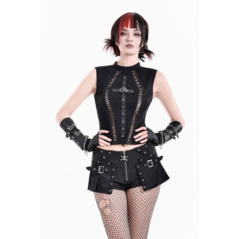 Schwarze Hotpants Cranial Rebellion Shorts mit Überrock und Schnallendetails von Dark In Love