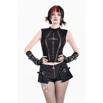 Schwarze Hotpants Cranial Rebellion Shorts mit Überrock und Schnallendetails von Dark In Love