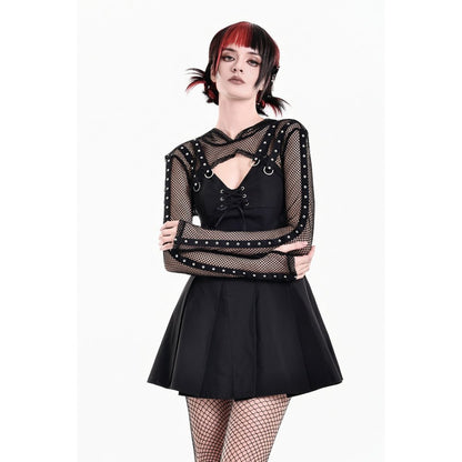 Schwarzes Oberteil Fishnet Spike Bolero aus Netzstoff mit Nietendetails und Netzkapuze von Dark In Love