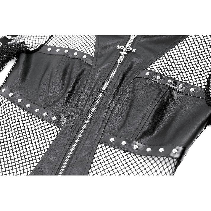 Schwarze Netzsweatshirtjacke Occult Matrix Mesh Hoodie mit Kunstledereinsätzen und Kreuzreißverschluss von Dark In Love