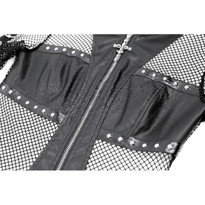 Schwarze Netzsweatshirtjacke Occult Matrix Mesh Hoodie mit Kunstledereinsätzen und Kreuzreißverschluss von Dark In Love