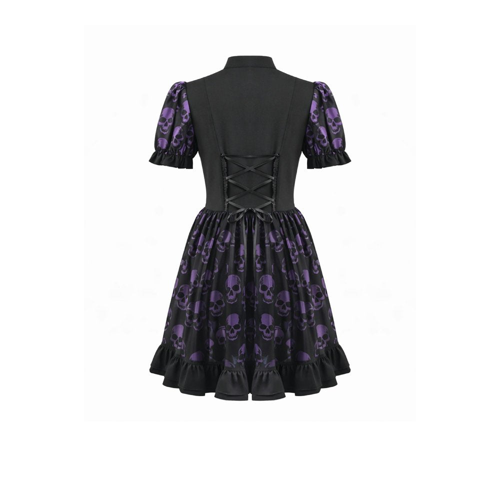 Schwarz/Lilanes kurzes Kleid, Purple Skull Whisper ist ein Dark-Lolita-Kleid mit Totenkopf-Print von Dark In Love