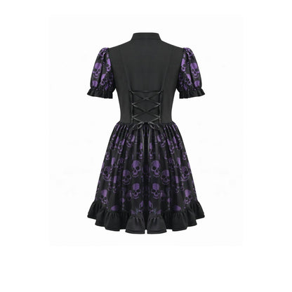Schwarz/Lilanes kurzes Kleid, Purple Skull Whisper ist ein Dark-Lolita-Kleid mit Totenkopf-Print von Dark In Love