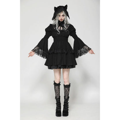 Schwarzes kurzes Kleid Gothic Lace Doll Dress mit Spitzeneinsätzen von Dark In Love