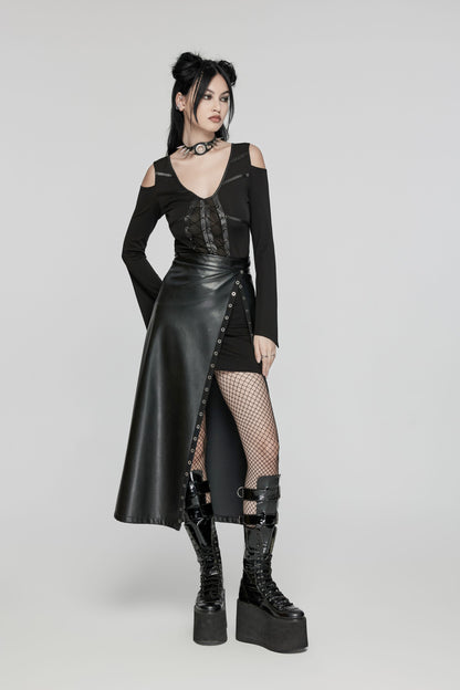 Schwarzer, langer Kunstlederrock UNDERWORLD SKIRT mit Schlitz von Punk Rave