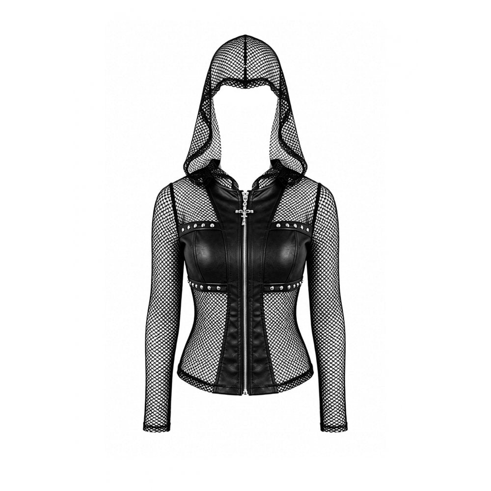Schwarze Netzsweatshirtjacke Occult Matrix Mesh Hoodie mit Kunstledereinsätzen und Kreuzreißverschluss von Dark In Love