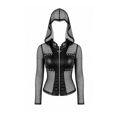 Schwarze Netzsweatshirtjacke Occult Matrix Mesh Hoodie mit Kunstledereinsätzen und Kreuzreißverschluss von Dark In Love