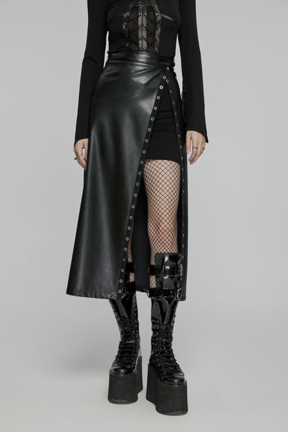 Schwarzer, langer Kunstlederrock UNDERWORLD SKIRT mit Schlitz von Punk Rave