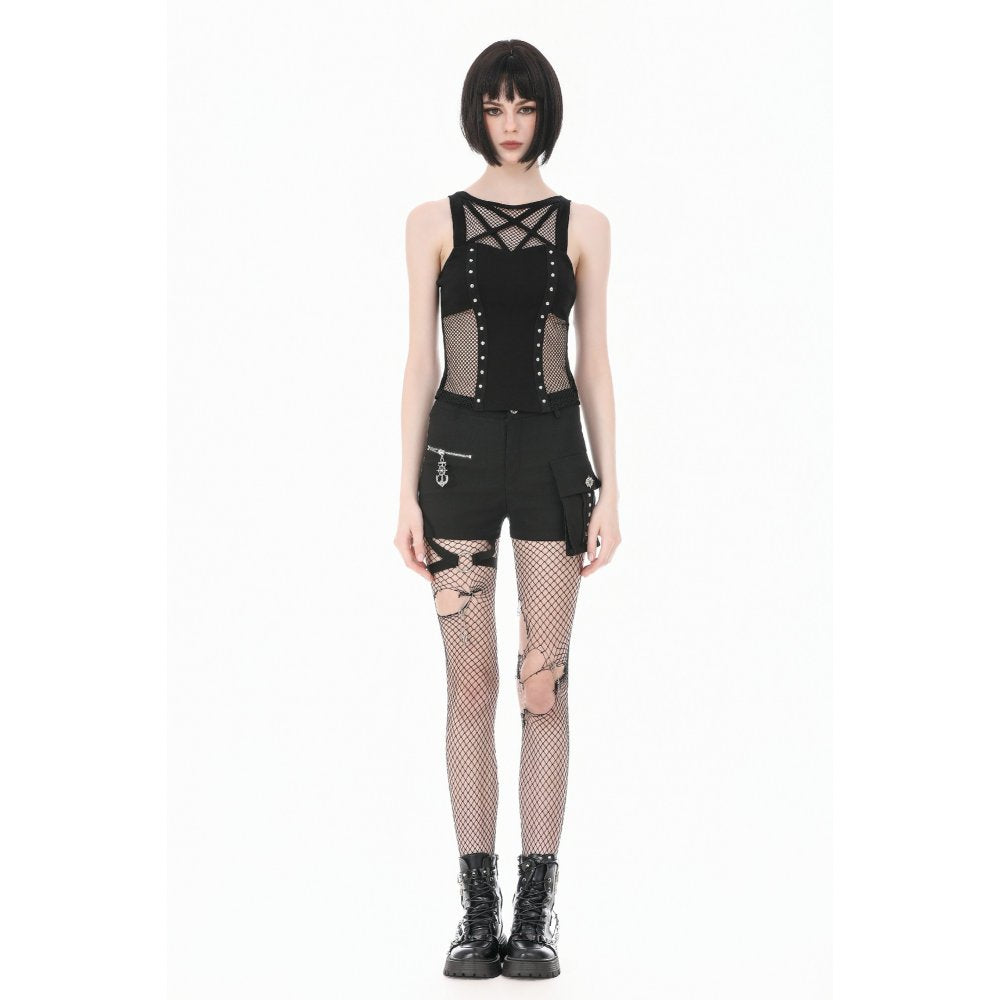 Schwarzes Oberteil Pentagram Mesh Punk Tank Top mit Pentagramm-Netzeinsatz und vertikalem Nietendekor-Band von Dark In Love