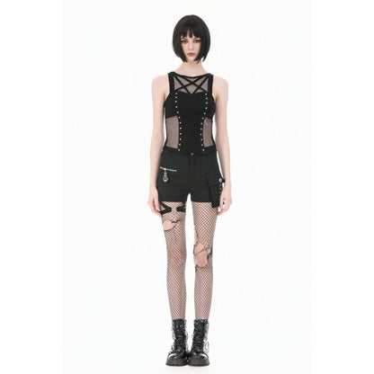 Schwarzes Oberteil Pentagram Mesh Punk Tank Top mit Pentagramm-Netzeinsatz und vertikalem Nietendekor-Band von Dark In Love