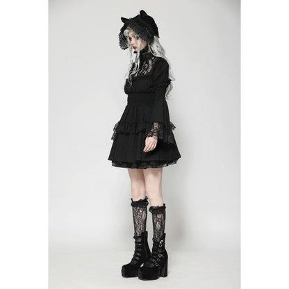Schwarzes kurzes Kleid Gothic Lace Doll Dress mit Spitzeneinsätzen von Dark In Love