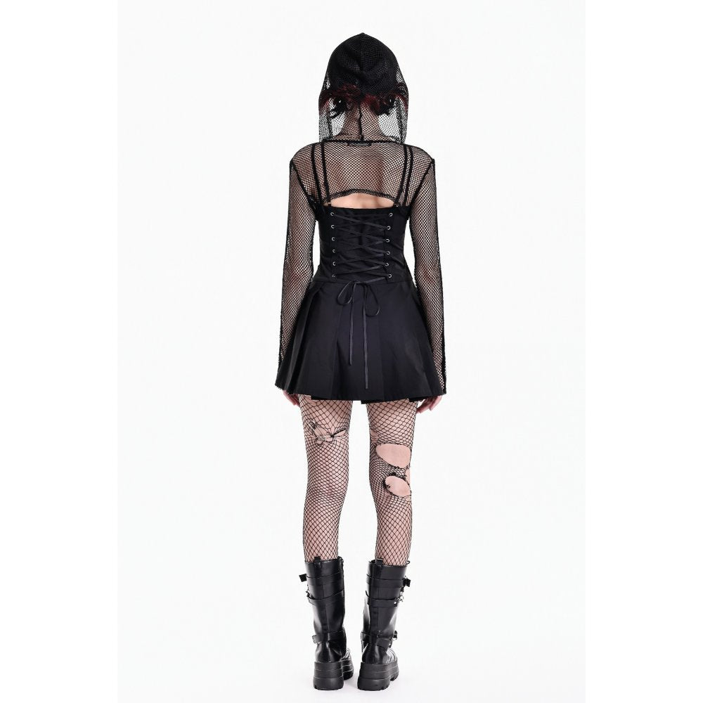Schwarzes Oberteil Fishnet Spike Bolero aus Netzstoff mit Nietendetails und Netzkapuze von Dark In Love